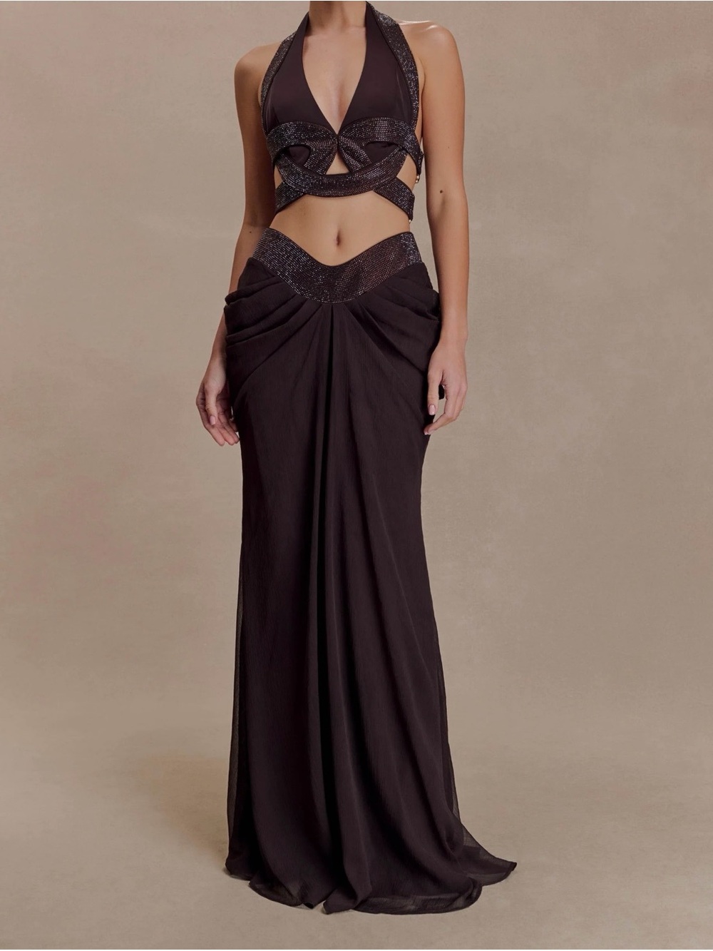 MESHKI - Siren Satin And Diamante Maxi Skirt - Dark Chocolate (skirt only) XL - Picture 2 of 9